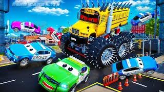 Giant Monster School Bus Rampage: Heroic Police Cars & City Cars Fight Back in Rescue Mission!