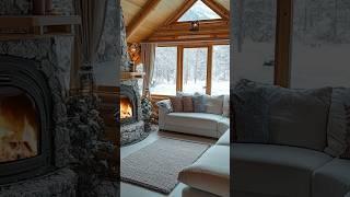 Cozy cabin interior with stone fireplace, snowy view, and plush sofa! ️️