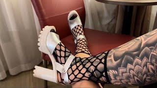 Black Whale Net Nylon Socks & High Chunky Heels | Footstool Fun - POV | Miss Blubelle Sole Teaser