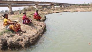 Fishing video || traditional Three women amazing catching hook fishing  in village river #fishing