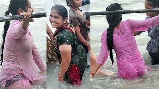 Woman Bathing at Ganga River | Holy Ganga Snan | Haridwar Open Bath 2024