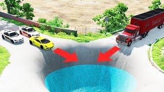 Cars vs Huge Pit at Crossroads - Water Potholes #9 | BeamNG Drive | Car Busters