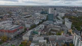 Forwards fly above modern residential urban borough. Panoramic view of metropolis. Charlottenburg