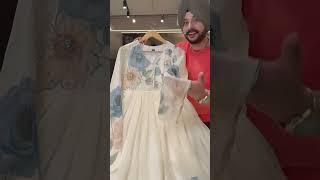 Off white & blue Chiffon Floral print Full Flair Anarkali Suit with Hand Embroidery work on neck &