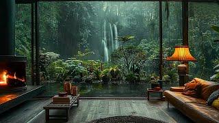 Hidden Room In Rainforest Ambience | Fireplace, Rain and Soothing Watefall Sound to Sleep, Relax