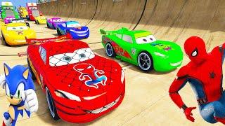 SPIDERMAN McQueen Vs MACK TRUCK Challenge on WINDMILL RAMP ! SUPERHERO HULK Disney Cars Race - GTA V