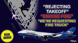 Rejected takeoff due to engine fire. Silk West Boeing 747-400 rejects takeoff at 140 knots. Real ATC