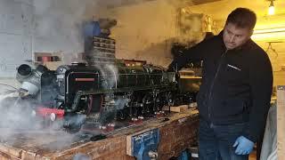 First Live Steam test of my 5 inch gauge 9F locomotive on the rolling road in the workshop