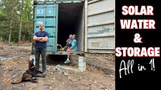 EP 25 SHIPPING CONTAINER BUILD___Part 2- off grid solar, water catch, and storage in 1