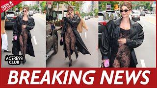 Hailey Bieber Pushes The Boundaries Of Maternity Dressing In Sheer Lace Body Stocking.