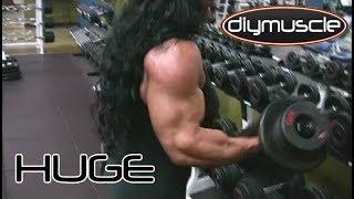 BICEPS!! female bodybuilder DEBBIE BRAMWELL crushing GYM WORKOUT posing