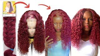 DIY: Red curly wig using X-pression braiding hair|hair bundles| 4 x 5 closure| Zig-Zag