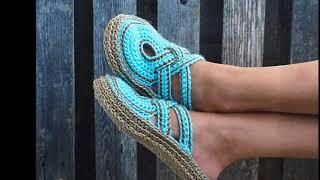 Crochet slippers- women cross strap clogs with rope soles