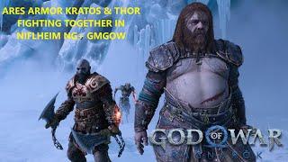 Ares Armor Kratos & Thor fighting together in Niflheim NG+ God of War Ragnarök (GMGOW)