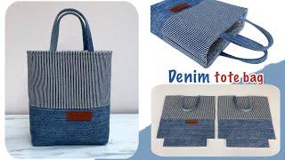 Easy and Quick sewing small denim tote bag tutorial from scrap old jeans,small tote bag tutorial.