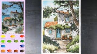 Landscape Watercolor - Seaside House (3X speed video, color name view)  NAMIL ART