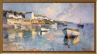 Calming TV Art | Boats in a Bay Art for Your TV | High-End Living Room Art | Frame TV Paintings