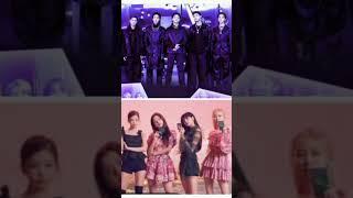 kpop dancer group/BTS vs blackpink/purple and pink and black/ colour combination