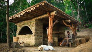 Bushcraft stone House in the forest. Alone construction