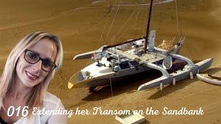 Extending her Transom on the Sandbank. Trimaran Dawn 016