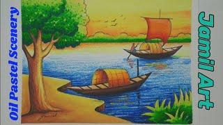 How to draw a scenery boat |Oil pastel scenery|Jamil Art