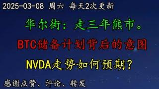 美股 华尔街：走三年熊市。为什么？BTC储备计划背后的意图是什么？NVDA走势如何预期？MSFT自研AI大模型来了，能匹敌OpenAI！WMT走势如何分析？MSTR、CRWD、DELL、AVGO