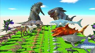 Dinosaurs revolt battle with Godzilla 2014 + Indominus Rex + Giganotosaurus VS Team Megalodon Rex