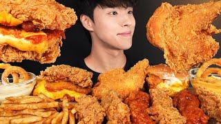 ASMR MUKBANG KFC FRIED CHICKEN & CHEESE CHICKEN BURGER & FRENCH FRIES & ONION RINGS EATING SOUNDS