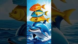 Three colorful fish swimming behind a big colored dolphin in the big  blue ocean