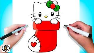 How To Draw Hello Kitty In A Stocking | Cute Christmas Drawing Tutorial