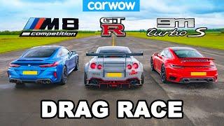 Porsche 911 Turbo v BMW M8 v Nissan GT-R: DRAG RACE