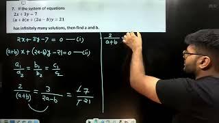 If the system of equations  ■(2x+3y=7             @(a+b)x+(2a-b)y=21)         has infinitely many