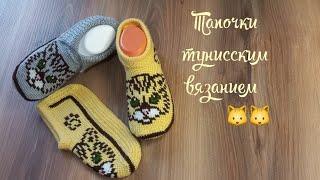 Вязаные тапочки "День кошек". тунисское вязание+спицы 