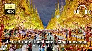 Limited-time Illuminated Gingko Avenue & Night Walk around National Stadium [4K/HDR/Binaural]