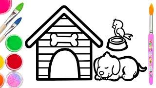 Drawing and Coloring a Dog House and Bird | Easy Drawing