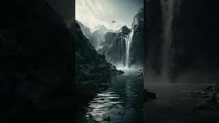 Breathtaking Nature Art: Sunny Mountains with Waterfall into a Pristine Lake
