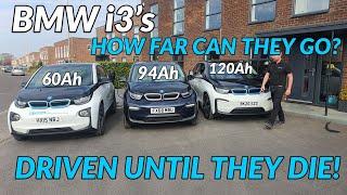 BMW i3 60Ah REX v 94Ah v 120Ah maximum range test. Driven until they die convoy comparison...