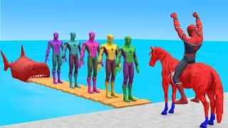 Red Horse Spiderman Crossing On Rainbow Spiders Bridge With Horse Against Sharks Rescue Animals Game