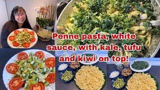 How to make my own version of penne pasta, white sauce with kale and tufu with kiwi on top?