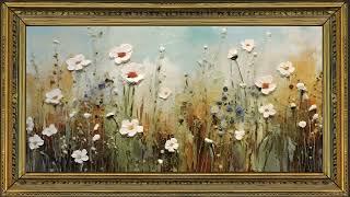 Art Screensaver for TV - Framed White Flowers, Impasto Oil Painting