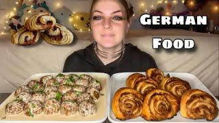 GERMAN FOOD MUKBANG! (Creamy Meatballs and Flaky Cinnamon Rolls) (Vegan)