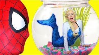 Spiderman & Frozen Elsa Mermaid & Ariel vs Ursula! Superhero Fun in Real Life :)