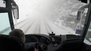 Mountain Snow and Foggy Bus Drive, France 4K