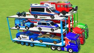 TRANSPORTING CARS, AMBULANCE, POLICE CARS, FIRE TRUCK OF COLORS! WITH TRUCKS! - FS 22