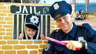 Margo plays as Cop and Nastya go to Jail Playhouse & Ride on Toy Sportbike