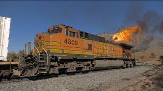 TRAIN ON FIRE!!! BNSF RAILWAY DPU catches fire in Tehachapi! Full Video with footage of firefight !!