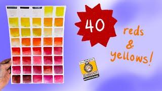 Swatching all the reds and yellows from Rembrandt! // watercolour dotcard