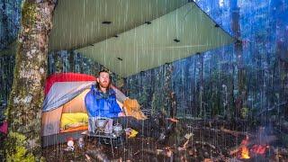 Winter TENT Camping in HEAVY Rain - Solo Wild Camp - Campfire