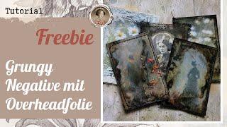 DIY grungy Negative mit Overheadfolie  Freebie  mit Kaffee, Rostwasser, Aquarellfarben & Woodys