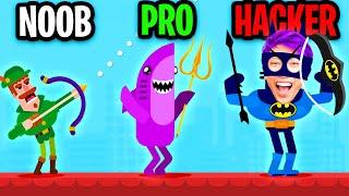 NOOB vs PRO vs HACKER In BOWMASTERS! (BATMAN & MINECRAFT SKINS! *UNLOCKED BEST CHARACTERS!*)